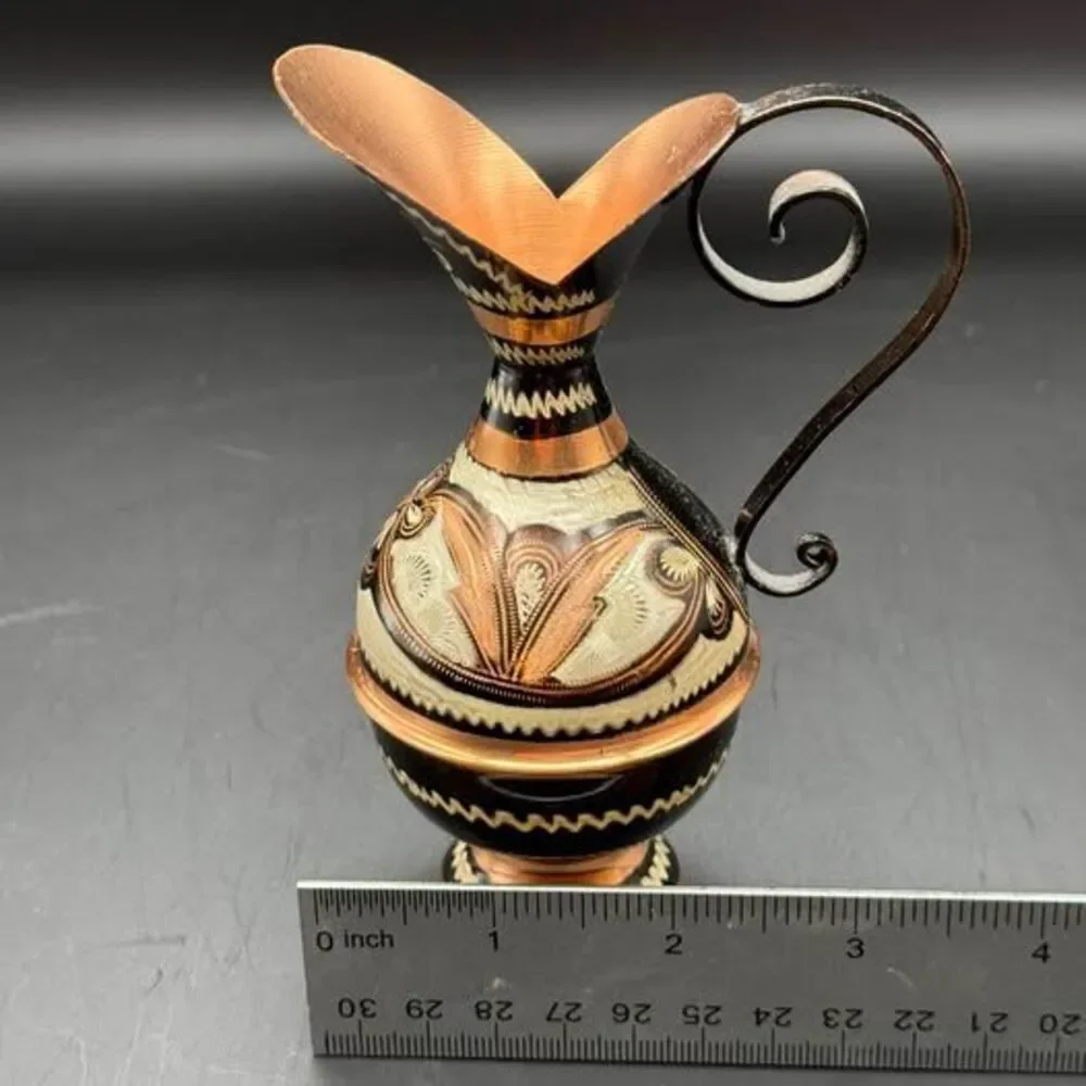 Vintage Copper Enamel Ewer Pitcher & Lidded Bowl Set Hand Etched Floral Decor